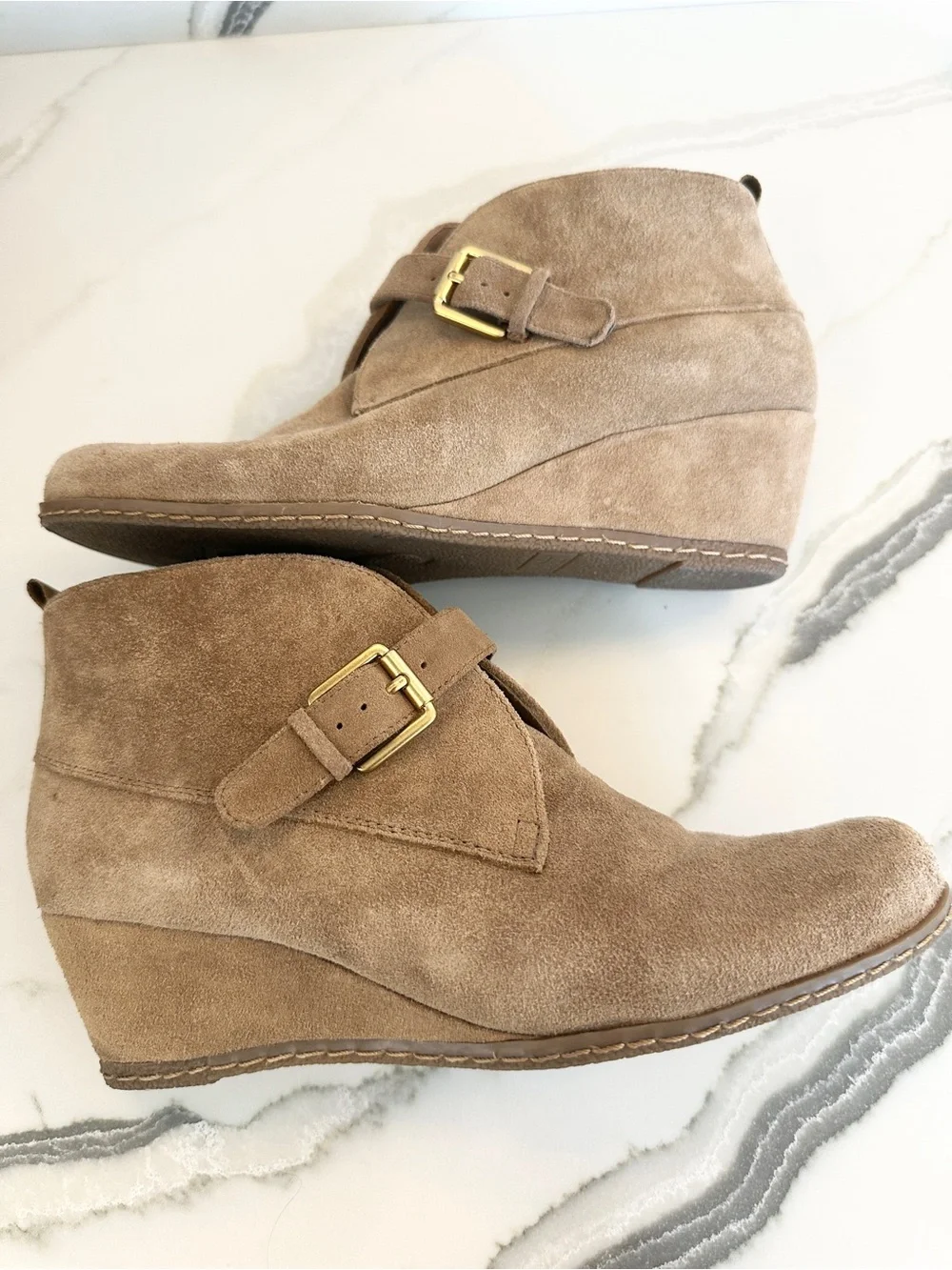 Franco Sarto Amerosa Buckle Wedge Bootie Tan Suede Size 9